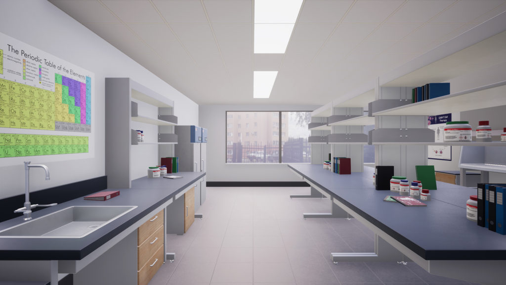 Virtual Lab 3D Interactive Design Screenshot - a realistic illustration of a scientific lab with white ceiling and floors, a grey counter with cabinets underneath on the left with a periodic table of elements chart and some shelves on the wall above it, and a grey top work table along the right with some shelves above it.